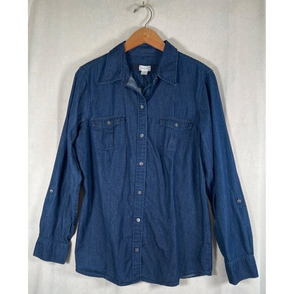 SHIRT 469 Women Size 14 Blue Denim Shirt Button Down Convert Roll Tab 3/4 or L/S - Picture 1 of 12